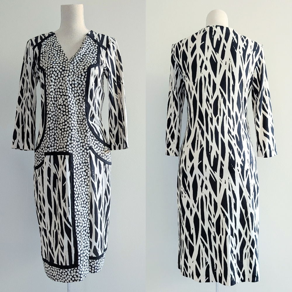 DVF Silk Abstract Pattern Black And White Wrap Dress Diane Von Furstenberg Sz 10